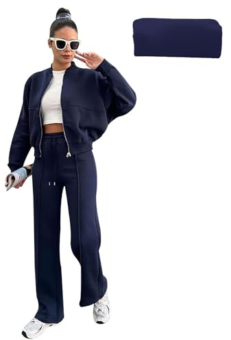 amropi Women's Tracksuit Fur Lined Zipper Jacket Top and Jogging Pants 2 Pieces Sweatsuit Set Dark Blue, M