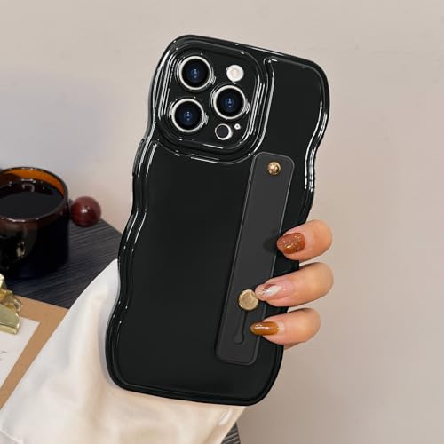 LAPOPNUT for iPhone 15 Pro Case, Wavy Frame Soft Silicone, Black | Adjustable Strap Kickstand Finger Holder,Curly Aesthetic Girly Design, Cute Phone Cover for Women Girls, Camera Protection