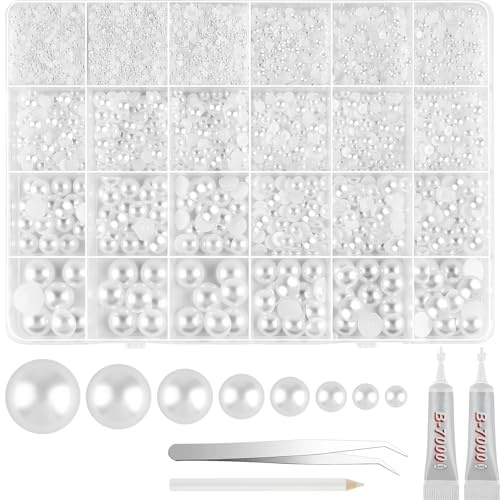 NEBURORA 13000 Stück Set mit weißen Perlen mit flacher Rückseite, 8 Größen mit Pinzette und Picker, Bleistift, flache Perlen, halbrunde Perlen zum Basteln,Basteln,Nägel,Make-up,Schuhe,Handyhülle
