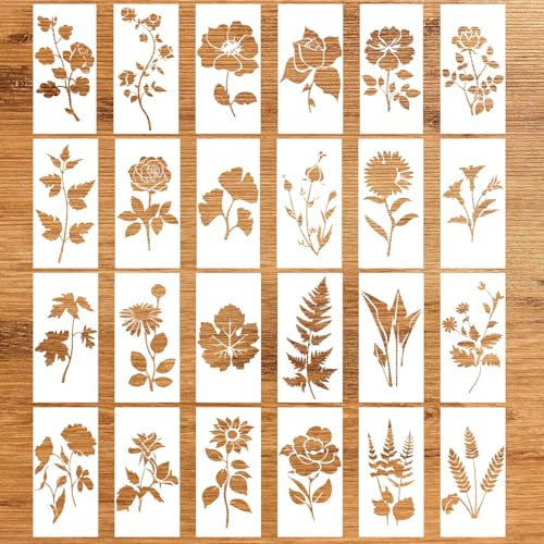 24 Stück Wildblumen-Schablonen zum Malen, Wiederverwendbare Bastel-Schablonen Blumenblatt-Schablonen Florale Zeichenvorlagen für Leinwand Holz Basteln Wandkunst Heimdekor (Blume, Blatt)