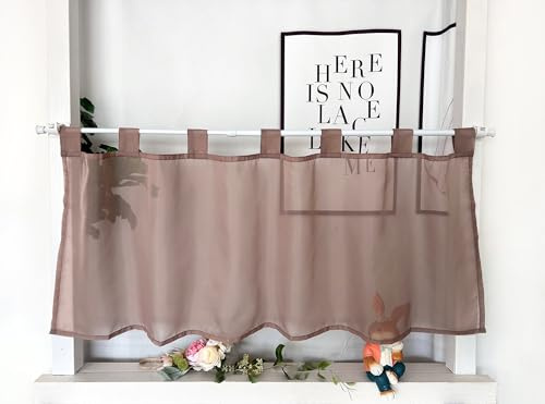 Devola Scheibengardine Voile Einfarbig Schlaufen HxB45x120cm Kaffee 1Stück | Modern Bistrogardine Transparent Kurzgardine mit Schlaufen Kurzer Fenstervorhang für Küchenfenster Wohnzimmer Landhaus