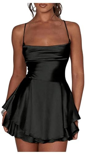 Floerns Mini robe caraco moulante dos nu avec bretelles spaghetti et col bénitier, noir, Taille L