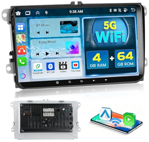 4+64G 8 Core Carplay Android 15 Radio Coche para VW Golf 5 Golf 6 Polo Passat Tiguan T5 Transporter Seat Leon Skoda Wireless Android Auto, 9'' IPS Pantalla Táctil DSP Radio BT/FM/RDS/GPS/WiFi/CAM/SWC