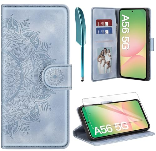 ivencase für Samsung Galaxy A56 5G Hülle und Schutzfolie, Himmelblau | Premium Klappbar Handyhülle, Magnet, Kartenfach, Ständer, PU Leder, Flip Wallet Schutzhülle