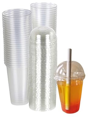 Strong Clear Plastic Reusable Smoothie Cups with Dome Lids | Large Smoothie Cup With Lid 16Oz Clear Cups With Lids–Pack of 50 Milkshake Cups, Size – 16oz(473ml) | Leakproof Plastic Cup With Dome Lid