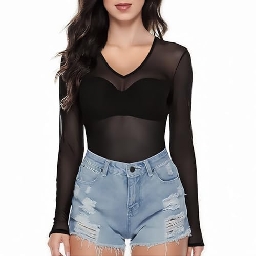 SamHeng Haut transparent noir pour femme à manches longues en maille transparente avec col en V Y2K pour sortir tenues chemisiers décontractés slim fit t-shirt basique pour fête clubwear