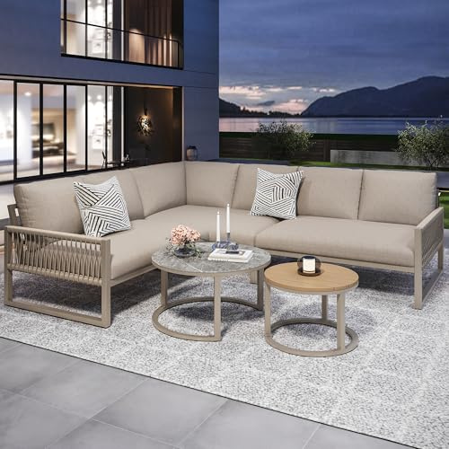 MOBETTRES Garten-Lounge-Set, Möbelset für 6-7 Personen, Ecksofa mit verzinktem Eisengestell, verstellbare Beine, inklusive Aller Sitz- und Rückenkissen (Beige)