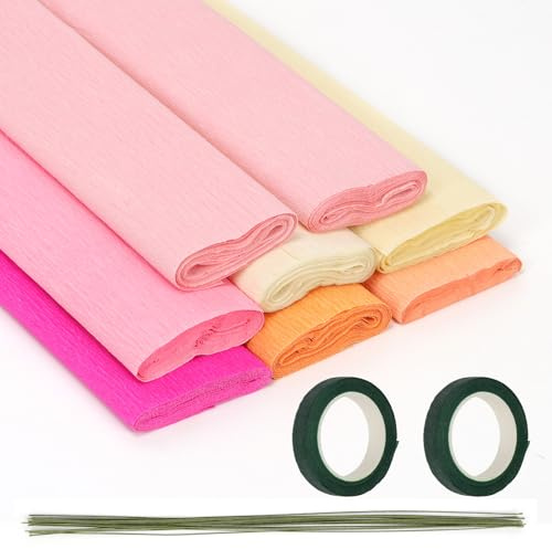 Glarks 8 Farben breite Crepe Papiere Rollen Kit für DIY Blumen Herstellen, enthalten 8 Rollen 9.84in x 8.2ft Crepe Papier Blätter, 20 Stück 15.74in grün Blumen Draht, 2 Rollen Bänder