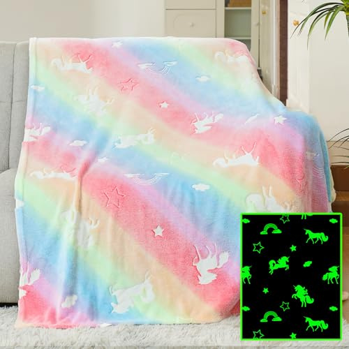 Winthome Kuscheldecke Kinder, Deck Glow In The Dark, Fleecedecke 130x170cm Weiche Flauschig, Babydecke Warme Kuschelig, Sofadecke für Mädchen Junge, Geschenke, Passend zu Allen Jahreszeiten (Einhorn)
