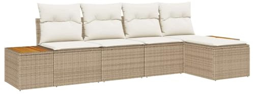 vidaXL 5-teiliges modulares Outdoor-Sofa-Set mit Kissen in Beige und Weiß aus Polyrattan. Perfekt für Balkone, Terrassen und Gärten. Modernes Design und einfache Pflege.