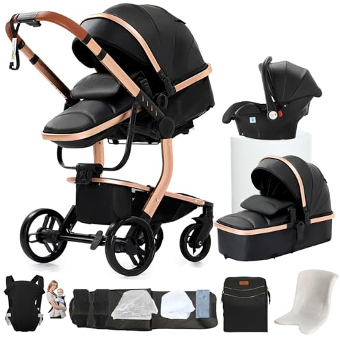 NADDLILY Cuero PU Carrito Bebe 3 en 1, Carrito Bebe con Diseño Portátil Plegable de Un Clic, Carro Bebe 3 Piezas con Empuje Reversible Dos Vías, Cochecito Bebe 3 Piezas con Accesorios (L518 Black)
