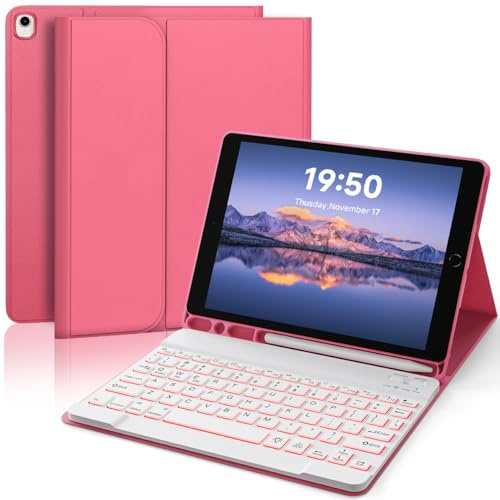 YUNPLE Funda para iPad de 9ª, 8ª y 7ª generación con teclado de 10.2 pulgadas, 7 colores, retroiluminada, inalámbrica, desmontable, con soporte para lápices, compatible con iPad Pro de 10.5 pulgadas