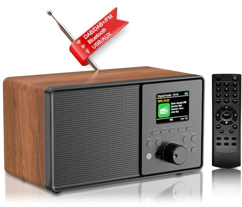 DAB/DAB+ FM Digital Radio with 2.4-inch color display, Bluetooth, USB/AUX, remote control, dual alarm, sleep timer, kitchen radio, 6 languages, 30 station presets (Retro wood grain)