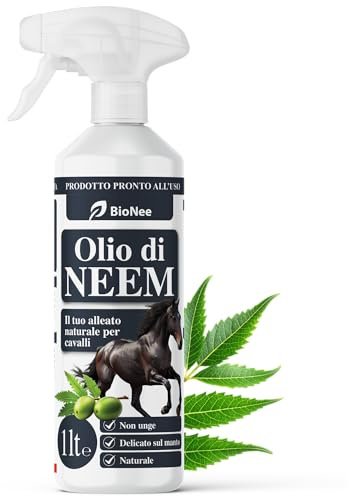 Bionee Olio di Neem Spray Cavalli 1L – Lozione Naturale Pronta all’Uso, Azione Protettiva contro Insetti e Parassiti, Non Unge, Delicato sul Manto, Idrosolubile