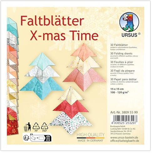 Ursus 3809 55 99 - Faltblätter X-mas Time, 30 Stück, 15 x 15 cm, 100-120 g/m², in 15 Farben & Motiven, Bastelpapier DIY Set zum falten