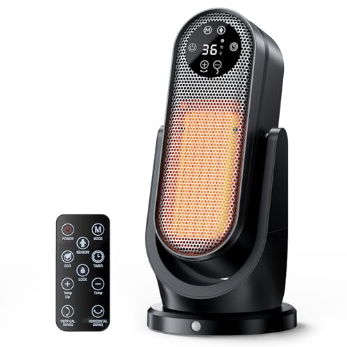 KOMORE Electric Heater, 1500W Portable Heater for Home, 90°Oscillation PTC Fan Heater, 15℃-45℃ ECO Thermostat, 4 Modes, 360° Remote Control, 12H Timer, Child Lock, Human-sensing Sensor