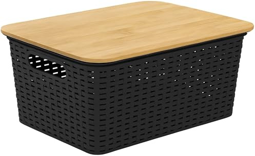 HRB Aufbewahrungsbox mit Bambusdeckel, Box in Rattanoptik mit den Abmaßen 38,5 x 28 x 18,5 cm, KIste mit 15 Liter Volumen (Schwarz, 1, stück)