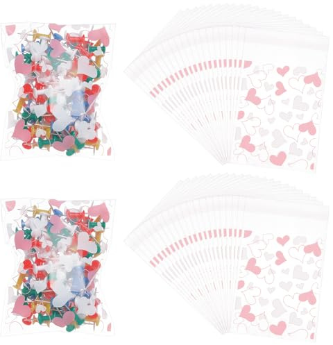 SOFPLATE 1 låda med 200 stycken 8 x 12 cm hjärta cellofanpåsar perfekt som presentförpackning för alla hjärtans dag transparent tryckt återförslutningsbar självhäftande OPP-plast för kakor sötsaker