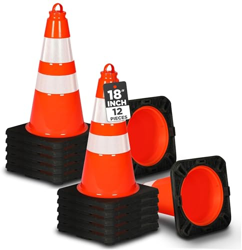 Pyle 18 Traffic Cones 12-Pack, High-Visibility Orange Safety Cones for Parking, Roadwork, Construction and Sports Training, Stackable Design with Heavy-Duty PVC Base, Weather-Resistant