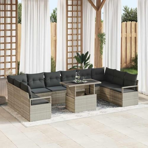 QZZCED Gartenmöbel-Set für den Außenbereich mit Glastisch, 10 Stück aus geflochtenem Polyrattan und abnehmbaren Kissen, elegantes Design für Terrasse und Außenbereiche