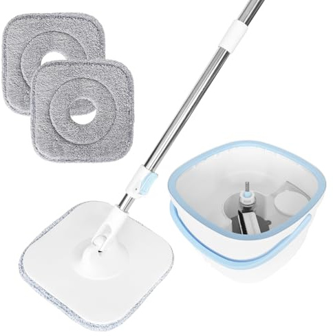 Wischmopp Set mit Eimer und 2-Kammer-System,Bodenwischer mit Trennung von Schmutz- und Frischwasser, Wischmop Set mit Auswringfunktion, 360° Drehbarer Flachwischer für Alle Böden, Inkl. Wischpads