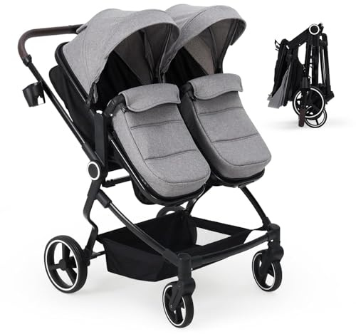 Geschwisterwagen Duo, Zwillingskinderwagen Ab Geburt Bis 3 Jahre, Zusammenklappbarer Zwillingsbuggy Mit Liegefunktion Bis Je 15+15 kg Kleinkind, Leichtes Aluminium, Verstellbarer Geschwisterwagen