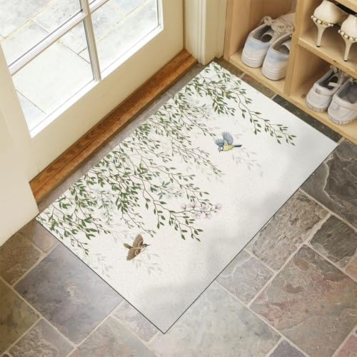 JEDTAKCT 80X120Cm Zerbino Ingresso Interno Antiscivolo Assorbente, Tappeto In Microfibra Sottile Lavabile Con Salice Cinese Uccelli Pianta Orientale Per Cucina Bagno Porta E Animali, Verde Oliva