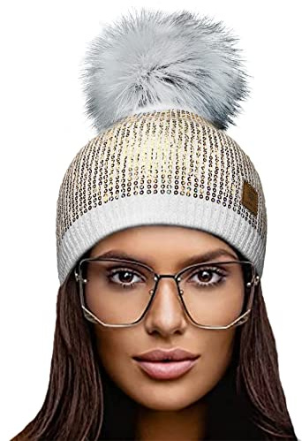 4sold Damen Wurm Winter Style Beanie Strickmütze Mütze mit Fellbommel Bommelmütze Hat Ski Snowboard Pelz Bommel Pompon Kleine Kristalle Sequins Crystals (Weiß)