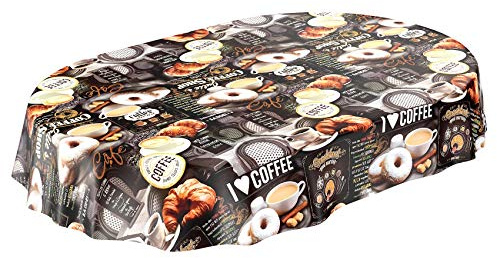 ANRO Nappe en Toile cirée Lavable - Ovale - Motif café et Bonbons - 180 x 140 cm - Gris foncé - 140 x 180 cm
