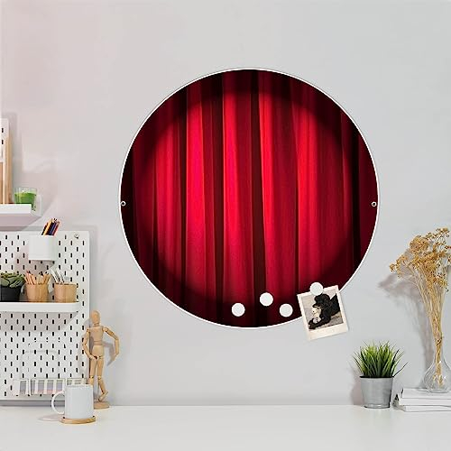 banjado Magnettafel Ø 47cm Weiß - Magnetwand aus Metall - Magnetpinnwand als Memoboard - Pinnwand Magnettafel Küche, Büro, Kinderzimmer inkl. 4 Magnete & Montageset - Roter Vorhang