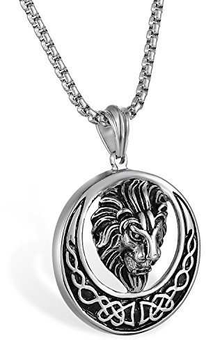 JewelryWe Schmuck Herren Biker Halskette, Edelstahl Retro Gotik Löwe Löwenkopf Irische Keltische Knoten Kreis Anhänger mit 22 Zoll Weizen Kette, Silber Gold