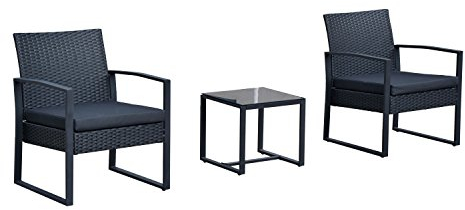 Outsunny Polyrattan Gartenmöbel Set, Outdoor Balkonmöbel für 2 Personen, 3-teilig Sitzgruppe mit 2 Stühle, Tisch Sitzkissen, wetterfest Gartenmöbel für Garten, Terrasse Balkon, Schwarz