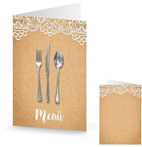 Logbuch-Verlag 20 Menükarten braun natur weiß in Kraftpapier-Optik mit Spitze bedruckt leere Speisekarte als Tischdeko für Hochzeit Taufe Geburtstag vintage