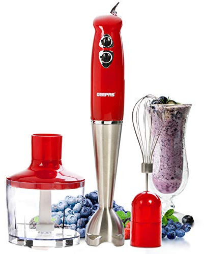 Geepas 400W 3-in-1 Powerful Hand Blender | Sturdy Stainless Steel Blades | 2 Speed Mini Food Processor for Baby Food Soup Vegetables Fruits | 860ml Chopper Bowl & Electric Egg Whisk | 2 Years Warranty
