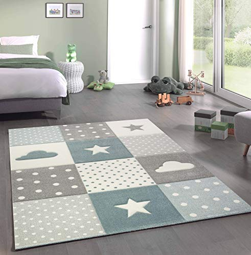 CARPETIA Kinderteppich Spielteppich Babyteppich Junge Stern Wolke in blau hellblau türkis Größe 80x150 cm