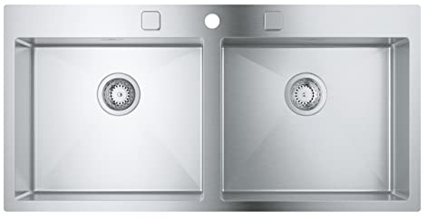 GROHE K800 - Edelstahlküchenspüle (mit 2 Becken, Montageart: aufliegend oder flächenbündig, 120 cm) , eckig, supersteel, 31585SD1