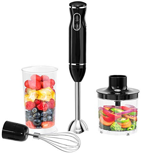 RELAX4LIFE Mixeur Plongeant 3 en 1 en Inox, Hachoir/Batteur/Mini-blender, 2 Vitesses, Noir