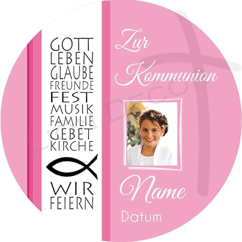 Tortenaufleger KOMMUNION2 I GEBURTSTAG I KONFIRMATION I TAUFE I HOCHZEIT I FIRMUNG... personalisiert mit Wunschtext & Datum/mehr Farben zur Auswahl / 20 cm Ø (rosa)