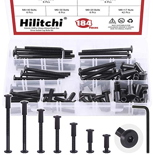 Hilitchi M6 Innensechskantschrauben-Set – Senkkopf, Dübelmuttern, Krippenschrauben, Muttern, Sortiment für Möbelbeschläge (20/30/40/50/60/70/80 mm)