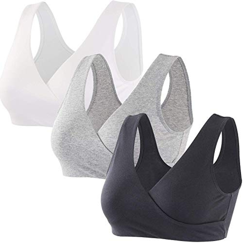 ZUMIY Amnings-bh, sömlös amnings-bh för graviditet och amning, bekväm trådlös behå för sömn, Svart + grå + vit/3pack, XXL
