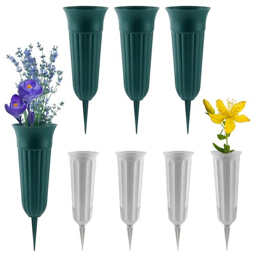 8-Pack Cemetery Vases for Grave - 2 Sizes of Plastic Cone Vase with Foam Flower Holders Spikes, Cemetery Decorations for Patriotic Memorial Grave Accessories (Gray, Green)