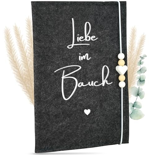 MAHEWA® Funda prémium para cartilla de embarazo de tela de fieltro | Organizador de carné de maternidad | Funda para carné de maternidad | Cubierta Liebe im Bauch antracita