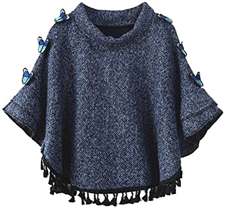 Cheerlife Mädchen Damen Strick Poncho Cape mit Schmetterlinge Pullover Strickpullover Strickponcho Grobstrick Fledermaus Pulli Sweater Top (Blau)