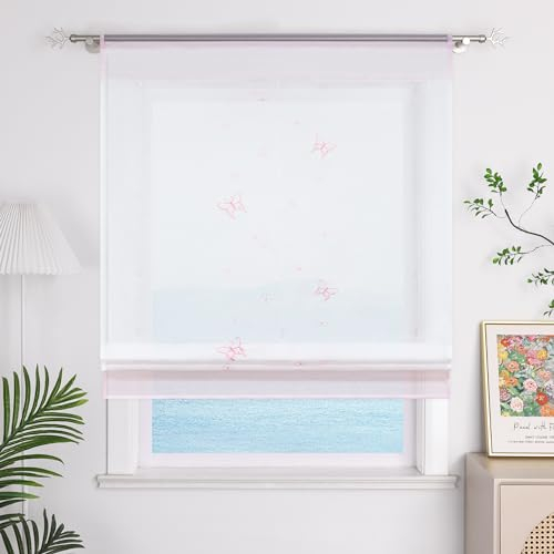 ESLIR Raffrollo Küche Raffgardine mit Tunnelzug Gardinen Transparent Bändchenrollo mit Schmetterling Bestickt Voile Rosa BxH 100x140cm 1 Stück