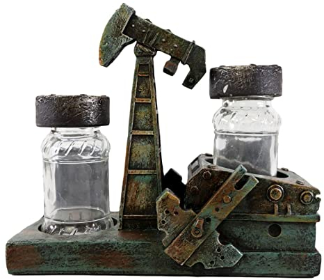 Ebros Gift Porte-salière et poivrière en verre style vintage rustique avec pompe à huile Derrick Rig - 15,2 cm de haut