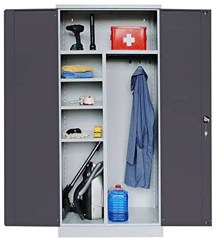 Schrank & Stuhl Mehrzweckschrank | Besenschrank | Spindschrank mit Hakenleiste und 6 Fächern, 195x92x42, komplett montiert, Grau/Anthrazit