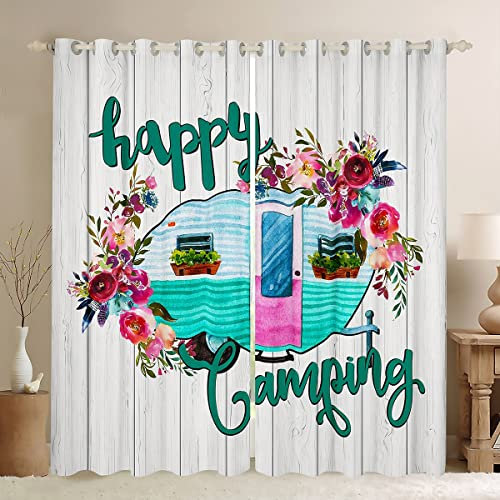 Homewish Camping Dekoration Verdunkelungsvorhänge 92 x 72 Wohnmobil Vorhänge Holzplanken Kabinen vorhänge für Jungen und Mädchen alte Scheunentor Blumenskizze Zeichnung Vintage Wohnmobil Dekor