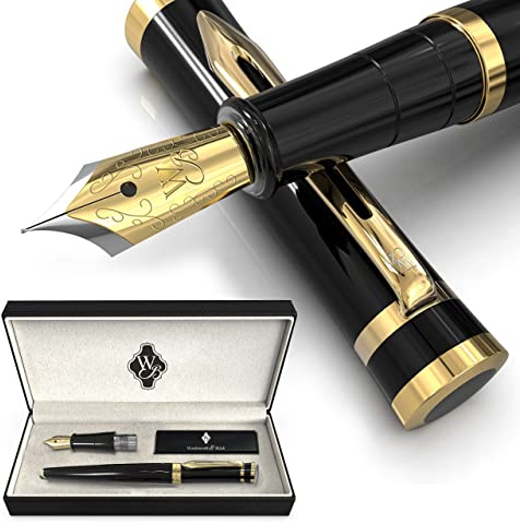 Wordsworth & Black Fountain Pen Set, 18K Gilded Medium and Fine Nibs, 6 Ink Cartridges and Refill Converter, Gift Case, Smooth Writing Pens [Black Gold], Perfect for Men and Women