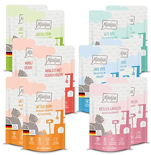 MjAMjAM - Premium Nassfutter für Katzen - Probierpaket, 12er Pack (12 x 125 g), getreidefrei mit extra viel Fleisch