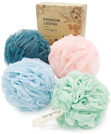 Spongentle Premium Deep Cleansing Loofah Sponge for Radiant Skin, Pack of 4, Bath and Shower, Exfoliating Body Scrubber, Beautiful Colors for Women and Men